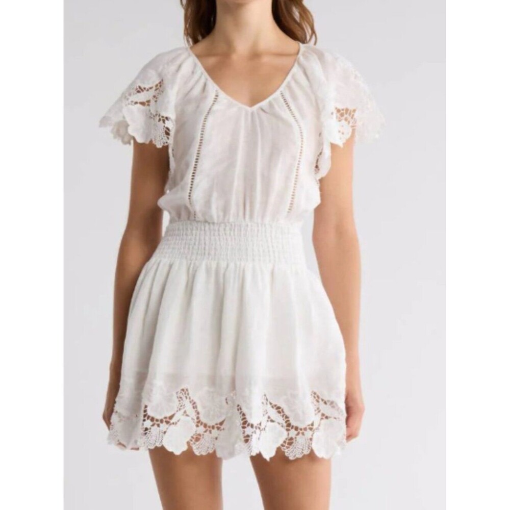 NWOT Ramy Brook Ryan Lace Trim Linen Blend Boho Chic Mini Dress White Small